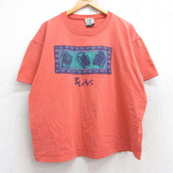 XL★古着 半袖 ビンテージ Tシャツ メンズ 90年代 90s fv コットン クルーネック USA製 オレンジ系 【spe】 25aug19 中古