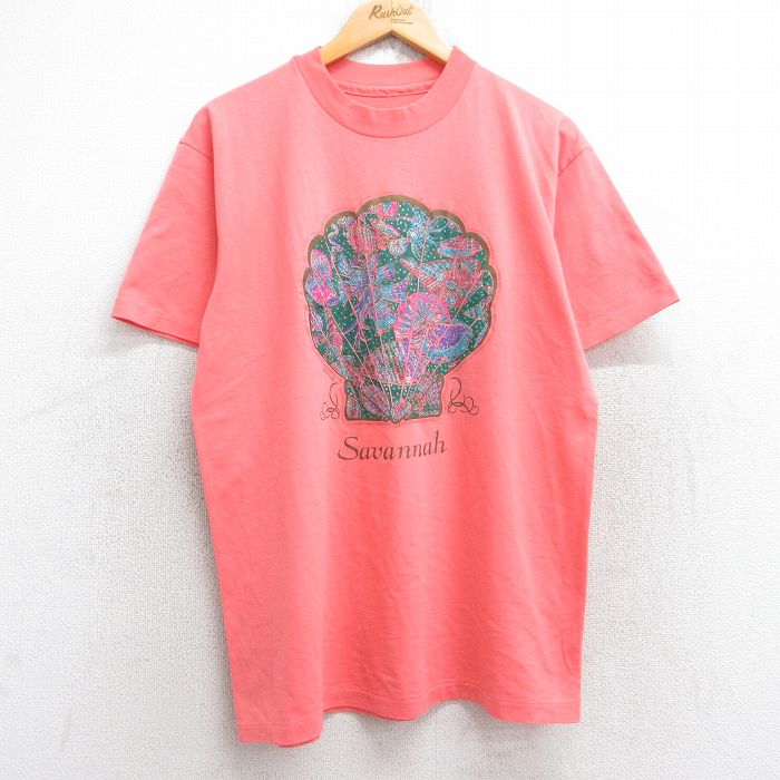 【50%OFF】L★古着 半袖 ビンテージ Tシャツ メンズ 90年代 90s 貝殻 クルーネック ピンク系 25aug19 中古