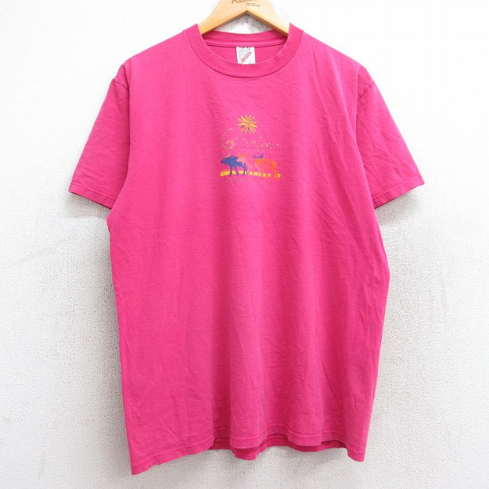 L★古着 ジャージーズ 半袖 ビンテージ Tシャツ メンズ 90年代 90s Glacier シカ コットン クルーネック USA製 濃ピンク 25aug19 中古