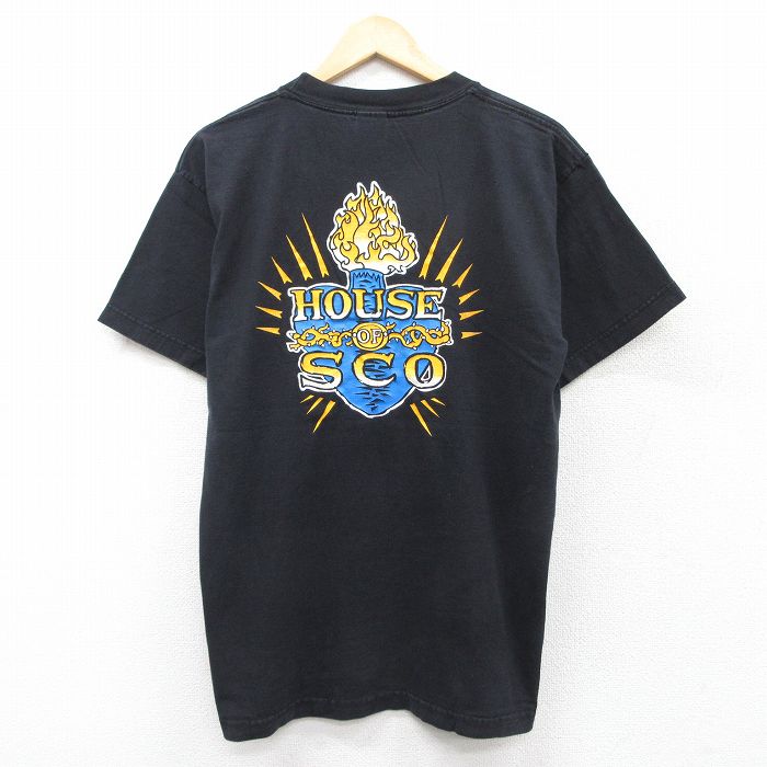 L★古着 半袖 ビンテージ Tシャツ メンズ 90年代 90s SCO ハート 炎 コットン クルーネック 黒 ブラック 25aug19 中古