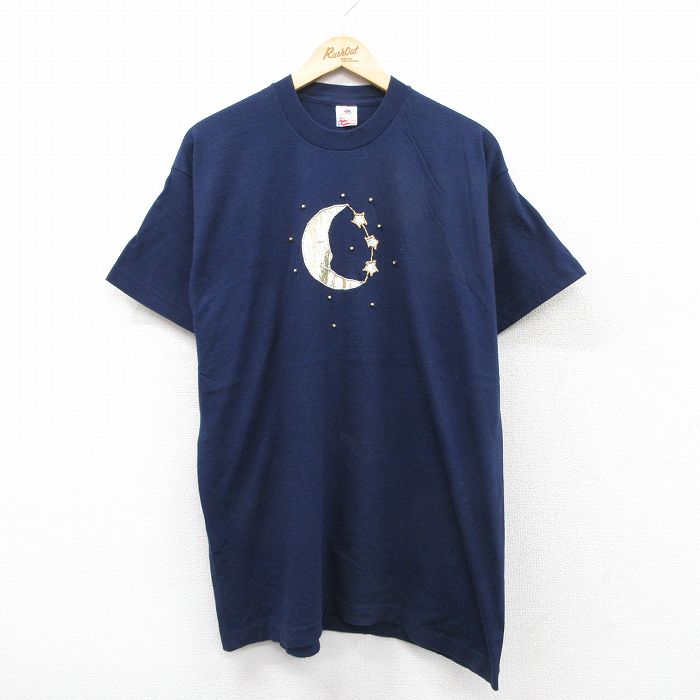 XL★古着 フルーツオブザルーム 半袖 ビンテージ Tシャツ メンズ 90年代 90s 月 刺繍 コットン クルーネック USA製 紺 ネイビー 25aug19 中古