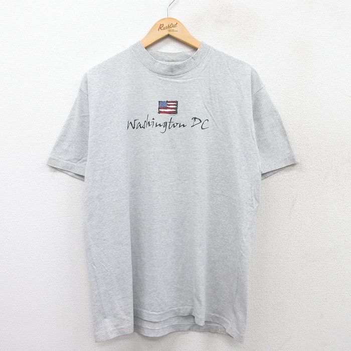 【50%OFF】L★古着 半袖 ビンテージ Tシャツ メンズ 90年代 90s ワシントンDC 星条旗 コットン クルーネック USA製 グレー他 ボーダー 25aug19 中古