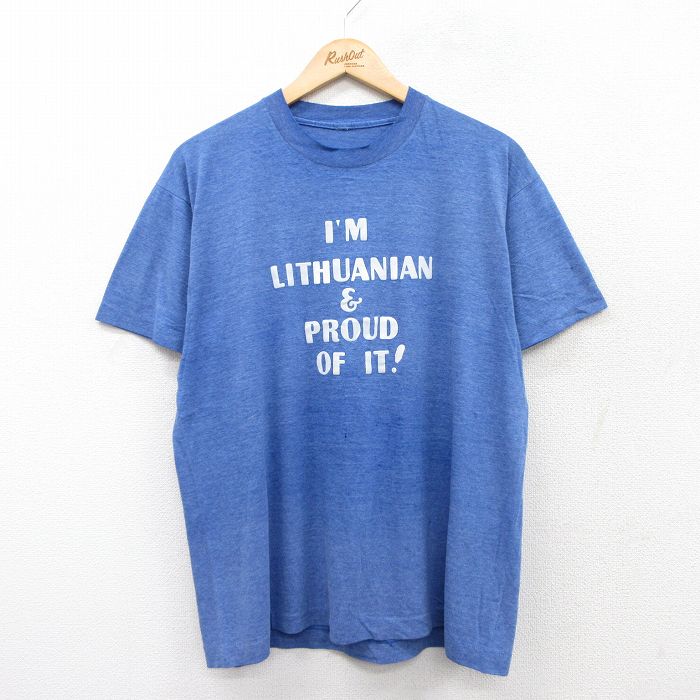 L★古着 半袖 ビンテージ Tシャツ メンズ 80年代 80s メッセージ クルーネック 青 ブルー 霜降り 25aug19 中古