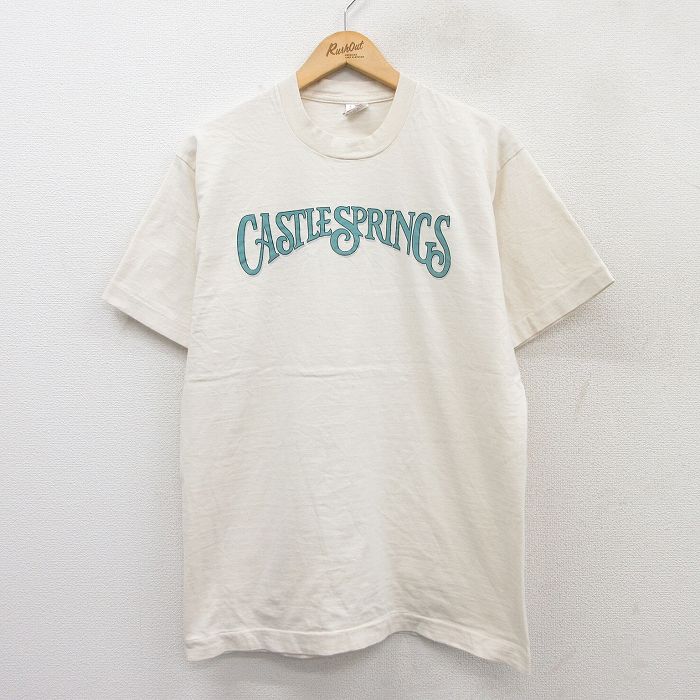 【50%OFF】L★古着 フルーツオブザルーム 半袖 ビンテージ Tシャツ メンズ 90年代 90s CASTLE SPRINGS コットン クルーネック USA製 生成り 25aug20 中古