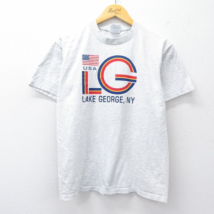 M★古着 半袖 ビンテージ Tシャツ メンズ 00年代 00s LAKE GEORGE 星条旗 クルーネック 薄グレー 霜降り 25aug20 中古