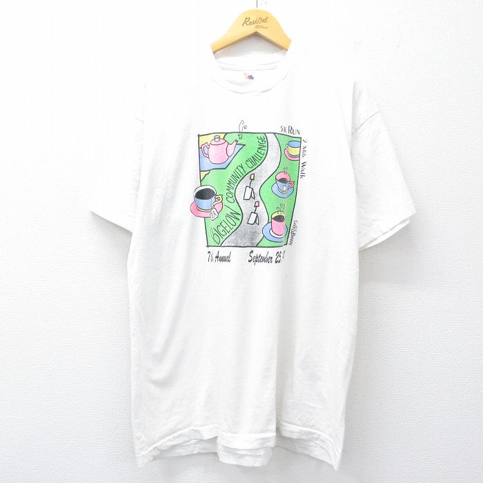 【50%OFF】XL★古着 フルーツオブザルーム 半袖 ビンテージ Tシャツ メンズ 90年代 90s RUN TEA 企業広告 大きいサイズ コットン クルーネック USA製 白 ホワイト 25aug20 中古