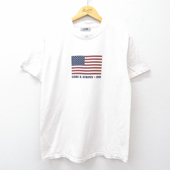 M★古着 半袖 ビンテージ Tシャツ メンズ 00年代 00s 星条旗 コットン クルーネック 白系 ホワイト 25aug20 中古