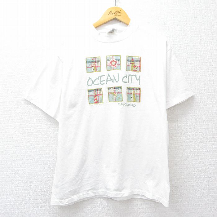 【50%OFF】L★古着 オニータ ONEITA 半袖 ビンテージ Tシャツ メンズ 90年代 90s OCEAN CITY 灯台 コットン クルーネック 白 ホワイト 25aug20 中古