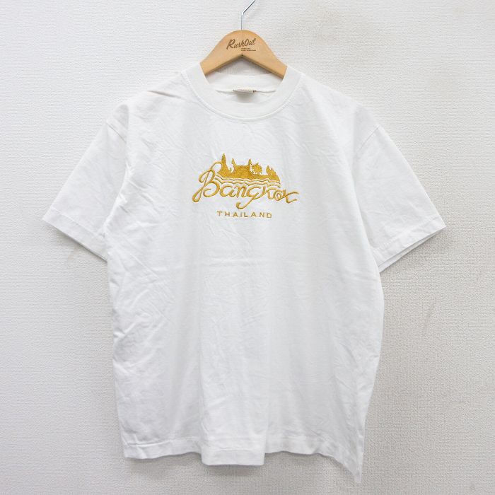 L★古着 半袖 ビンテージ Tシャツ メンズ 90年代 90s バンコク 刺繍 コットン クルーネック 白 ホワイト 25aug20 中古