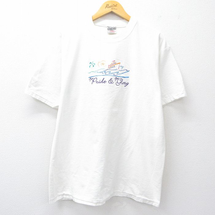 XL★古着 オニータ ONEITA 半袖 ビンテージ Tシャツ メンズ 90年代 90s 船 Pride 刺繍 コットン クルーネック USA製 白 ホワイト 25aug20 中古