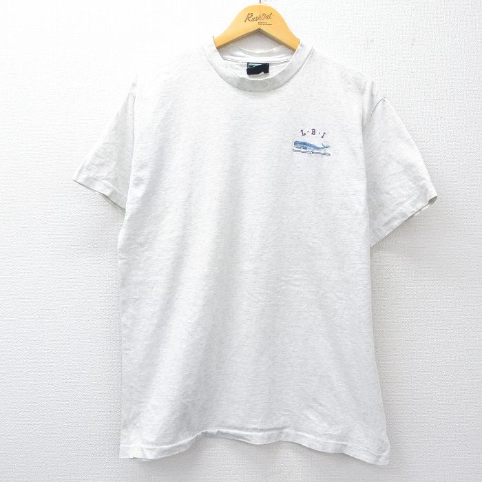 【20%OFF】L★古着 半袖 ビンテージ Tシャツ メンズ 90年代 90s LBI クジラ コットン クルーネック USA製 薄グレー 25aug20 中古