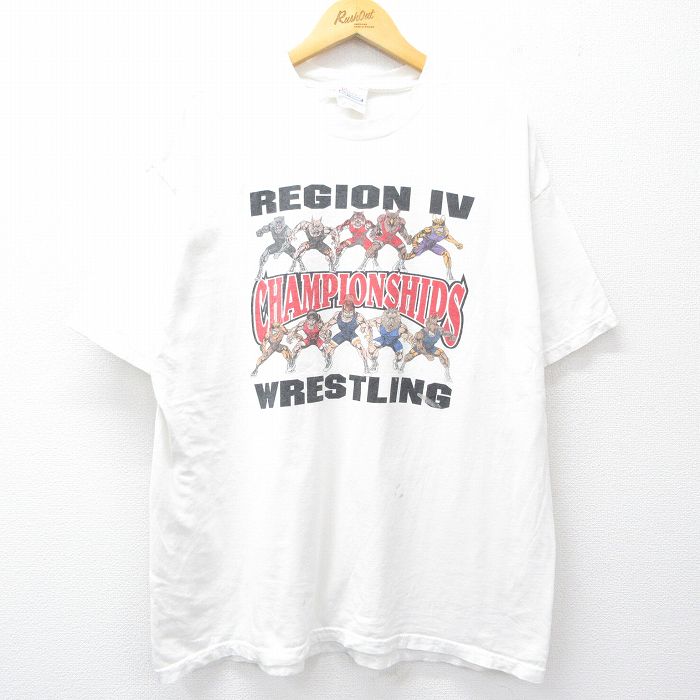 【50%OFF】XL★古着 ヘインズ Hanes 半袖 ビンテージ Tシャツ メンズ 00年代 00s レスリング 大きいサイズ コットン クルーネック 白 ホワイト 25aug20 中古