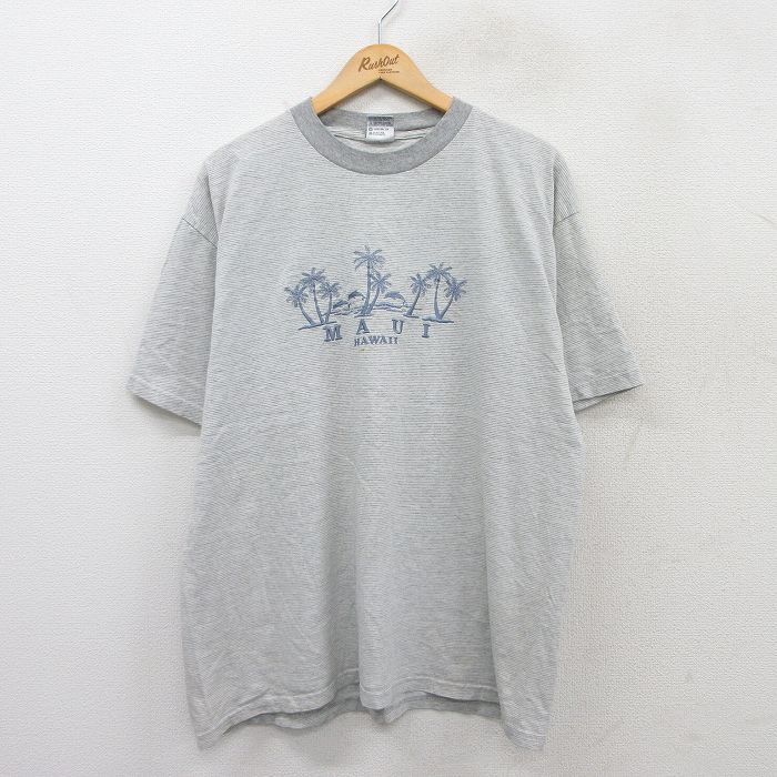 【50%OFF】XL★古着 半袖 ビンテージ Tシャツ メンズ 00年代 00s マウイ ヤシの木 刺繍 大きいサイズ クルーネック グレー他 ボーダー 25aug20 中古