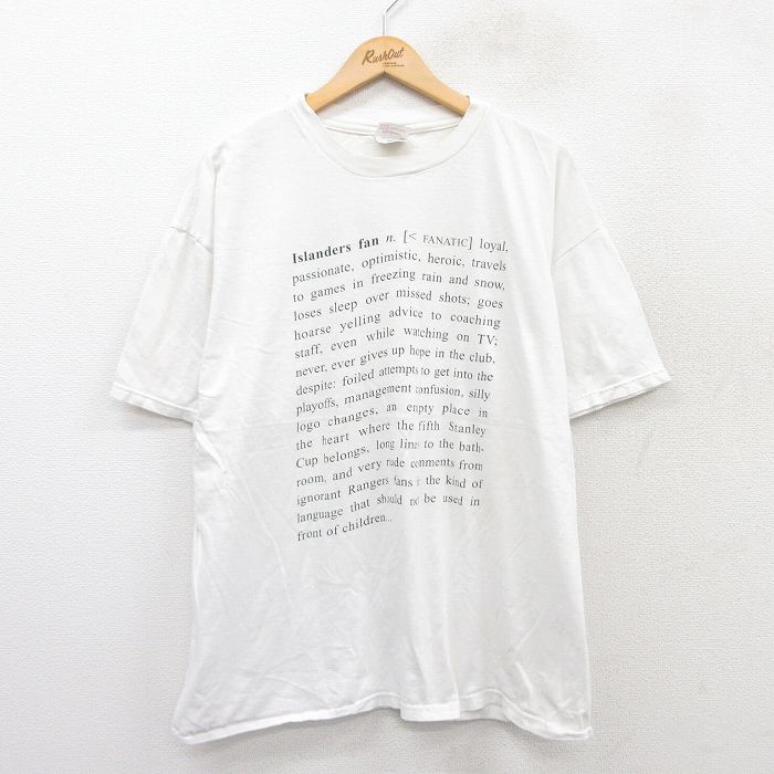 【50%OFF】XL★古着 ヘインズ Hanes 半袖 ビンテージ Tシャツ メンズ 90年代 90s NHL ニューヨークアイランダーズ メッセージ 大きいサイズ コットン クルーネック 白 ホワイト アイスホッケー 【spe】 25aug20 中古