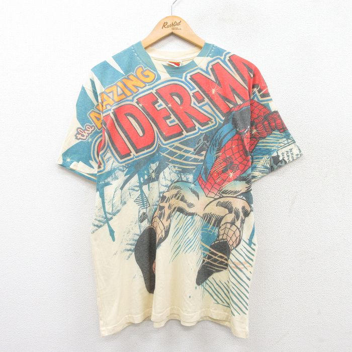 XL★古着 半袖 ビンテージ Tシャツ メンズ 00年代 00s マーベル スパイダーマン 全面プリント クルーネック 生成り 25aug20 中古
