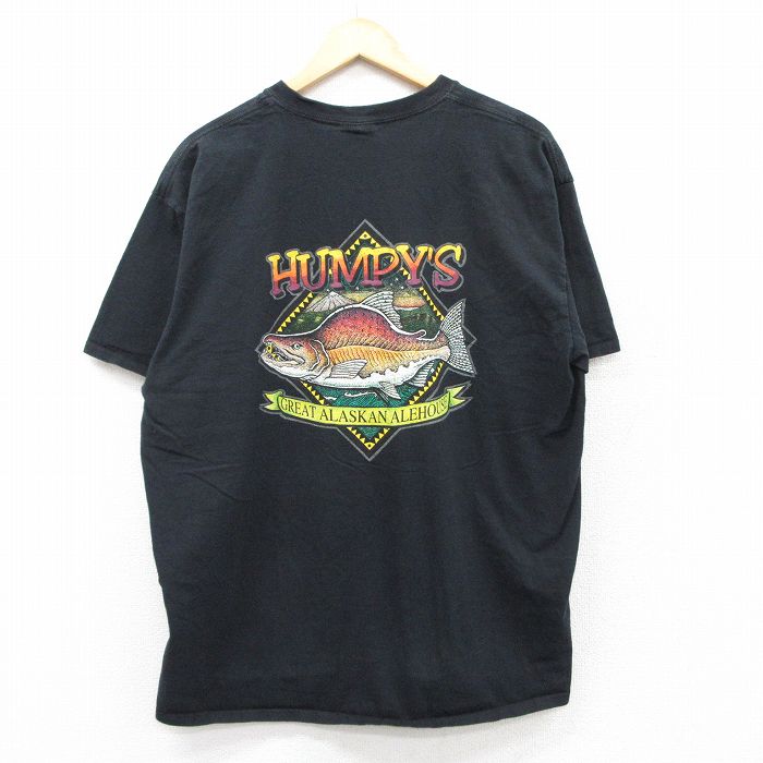 XL★古着 半袖 ビンテージ Tシャツ メンズ 00年代 00s HUMPYS 魚 コットン クルーネック 黒 ブラック 25aug20 中古