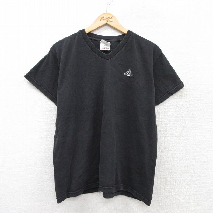 L★古着 アディダス adidas 半袖 ビンテージ Tシャツ メンズ 90年代 90s ワンポイントロゴ コットン Vネック USA製 黒 ブラック 25aug20 中古