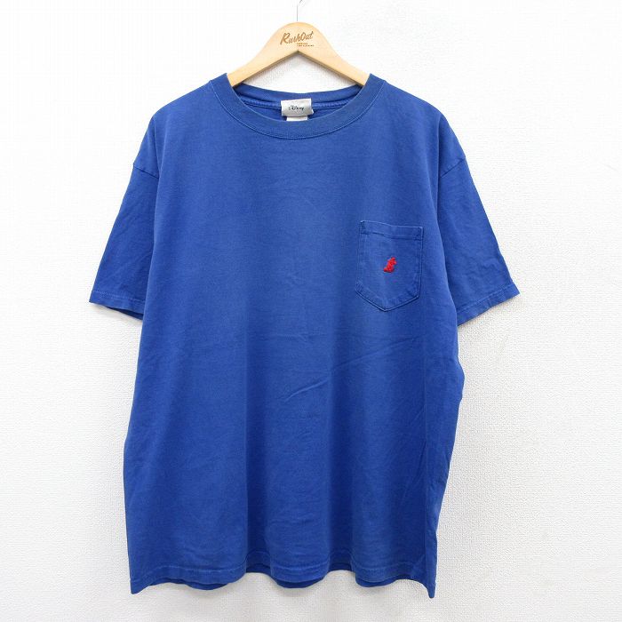 【50%OFF】XL★古着 半袖 ビンテージ Tシャツ メンズ 90年代 90s ディズニー DISNEY ミッキー MICKEY MOUSE 胸ポケット付き 大きいサイズ コットン クルーネック USA製 青 ブルー 25aug20 中古
