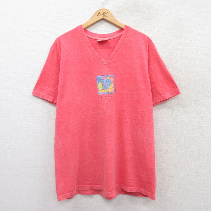 XL★古着 半袖 ビンテージ Tシャツ メンズ 90年代 90s naples 魚 コットン Vネック USA製 ピンク 霜降り 25aug21 中古
