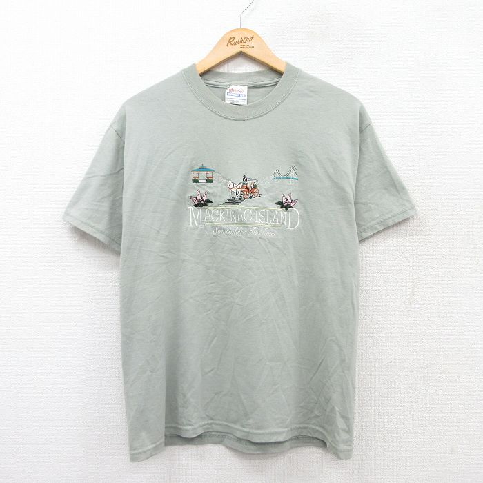 M★古着 ヘインズ Hanes 半袖 ビンテージ Tシャツ メンズ 00年代 00s MACKINAC ISLAND 刺繍 クルーネック 緑系 グリーン 25aug21 中古
