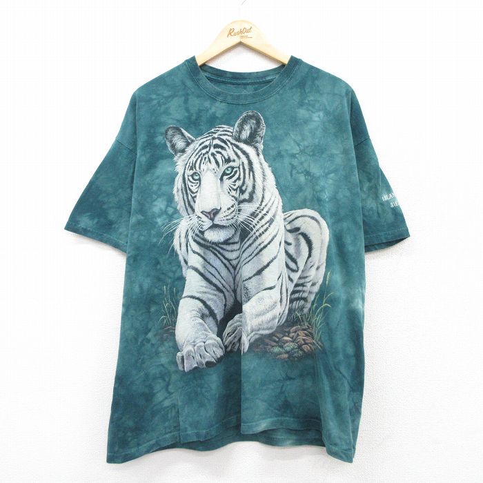 XL★古着 半袖 ビンテージ Tシャツ メンズ 00年代 00s ホワイトタイガー 大きいサイズ コットン クルーネック 青緑他 タイダイ 25aug21 中古