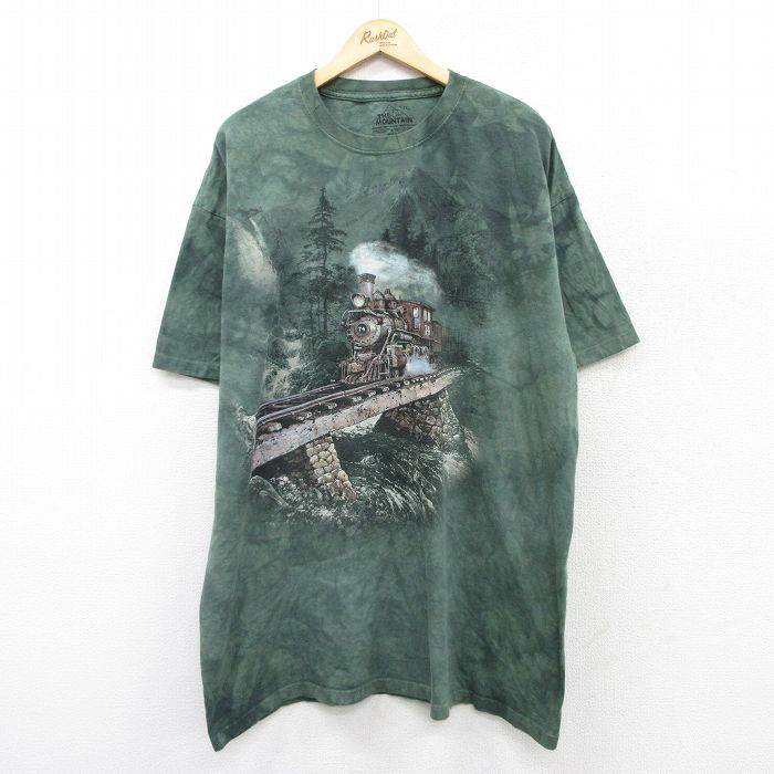 【20%OFF】XL★古着 半袖 ビンテージ Tシャツ メンズ 00年代 00s 機関車 大きいサイズ ロング丈 コットン クルーネック 緑他 グリーン タイダイ 25aug21 中古