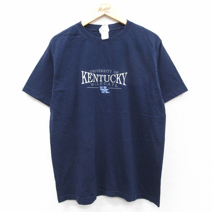 L★古着 半袖 ビンテージ Tシャツ メンズ 00年代 00s ケンタッキーワイルドキャッツ 刺繍 コットン クルーネック 紺 ネイビー 25aug21 中古