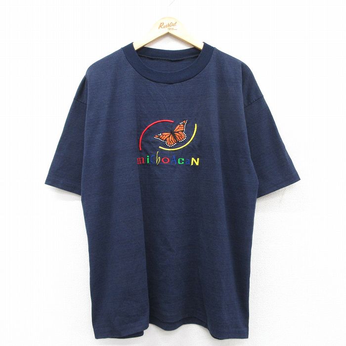 XL★古着 半袖 ビンテージ Tシャツ メンズ 00年代 00s チョウ michoacan 刺繍 大きいサイズ クルーネック 紺 ネイビー 25aug21 中古
