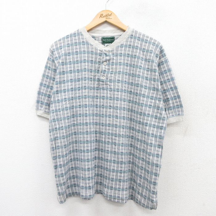 【50%OFF】XL★古着 半袖 ビンテージ Tシャツ メンズ 00年代 00s ヘンリーネック 薄グレー他 チェック 25aug21 中古