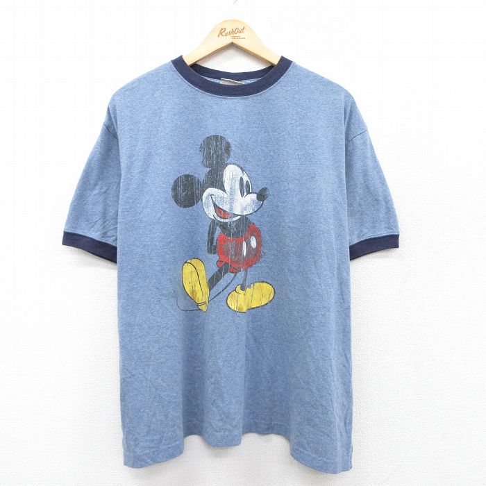 XL★古着 半袖 ビンテージ Tシャツ メンズ 00年代 00s ディズニー DISNEY ミッキー MICKEY MOUSE 大きいサイズ クルーネック 紺 ネイビー 霜降り リンガー 25aug21 中古