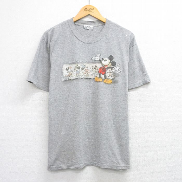 【20%OFF】L★古着 半袖 ビンテージ Tシャツ メンズ 00年代 00s ディズニー DISNEY ミッキー MICKEY MOUSE クルーネック グレー 霜降り 25aug21 中古
