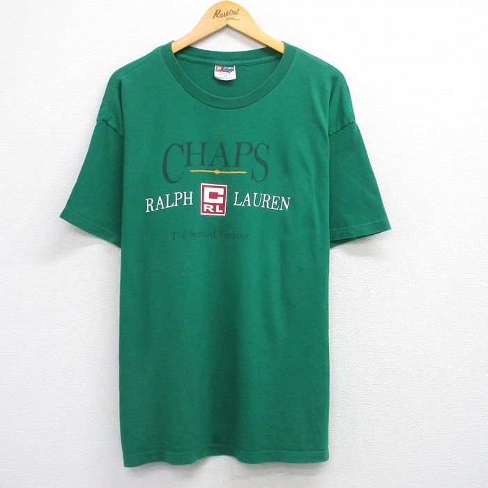 XL★古着 ラルフローレン Ralph Lauren チャップス 半袖 ビンテージ ブランド Tシャツ メンズ 90年代 90s ビッグロゴ 大きいサイズ コットン クルーネック USA製 緑 グリーン 【spe】 25aug21 中古