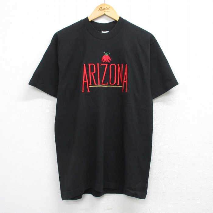【50%OFF】L★古着 フルーツオブザルーム 半袖 ビンテージ Tシャツ メンズ 90年代 90s アリゾナ 唐辛子 刺繍 コットン クルーネック USA製 黒 ブラック 25aug21 中古