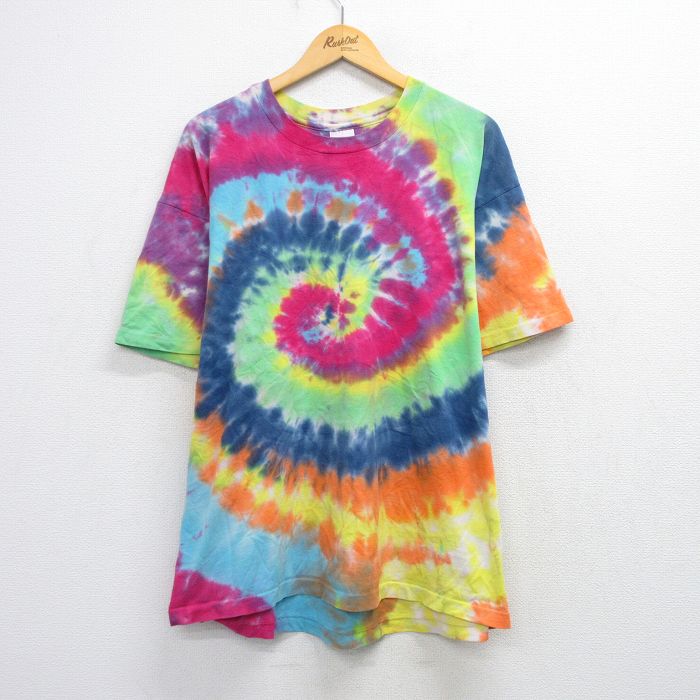 【50%OFF】XL★古着 半袖 ビンテージ Tシャツ メンズ 90年代 90s 大きいサイズ コットン クルーネック USA製 黄他 イエロー タイダイ 25aug21 中古