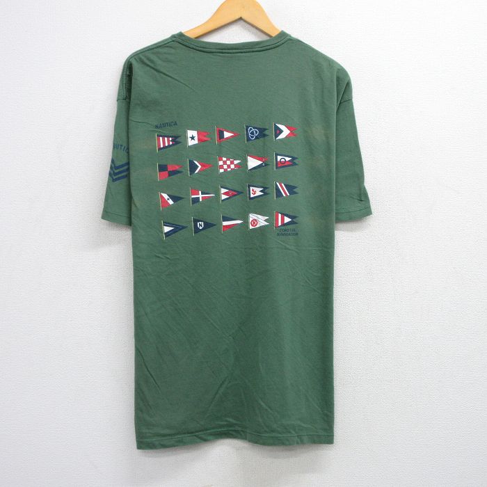 XL★古着 ノーティカ NAUTICA 半袖 ビンテージ ブランド Tシャツ メンズ 90年代 90s 旗 胸ポケット付き 大きいサイズ コットン クルーネック USA製 濃緑 グリーン 25aug21 中古