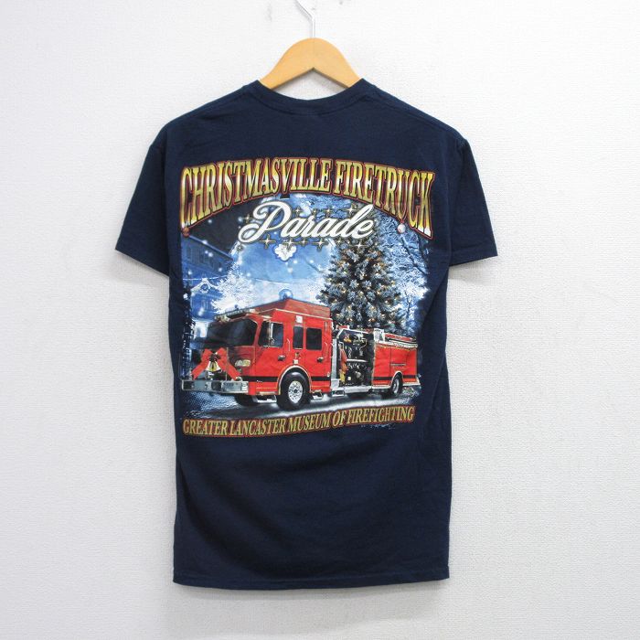 M★古着 半袖 ビンテージ Tシャツ メンズ 00年代 00s 消防車 CHRISTMASVILLE FIRETRUCK コットン クルーネック 紺 ネイビー 25aug21 中古