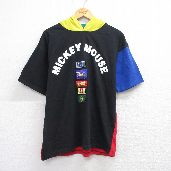 XL★古着 半袖 ビンテージ Tシャツ パーカー メンズ 90年代 90s ディズニー DISNEY ミッキー MICKEY MOUSE クレイジーパターン マルチカラー コットン 黒他 ブラック 【spe】 25aug21 中古