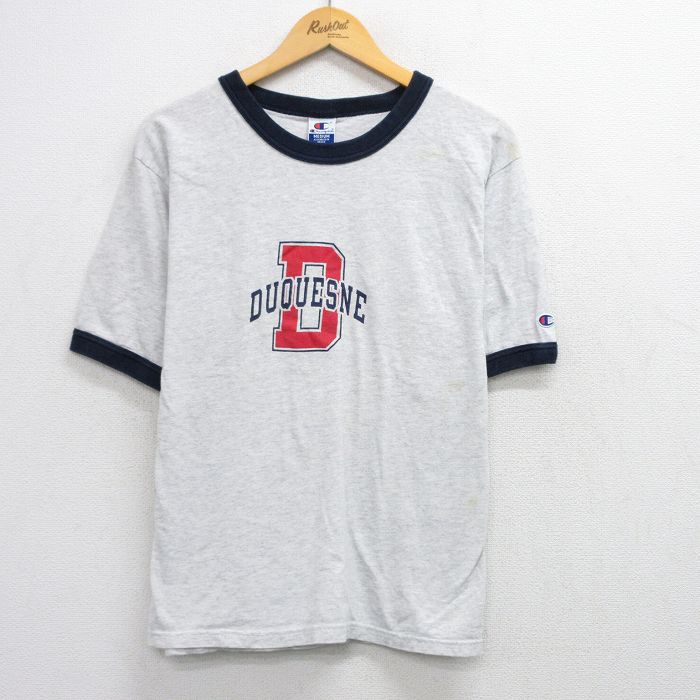 M★古着 チャンピオン champion 半袖 ビンテージ Tシャツ メンズ 90年代 90s デュケイン クルーネック 薄グレー 霜降り リンガー 25aug21 中古