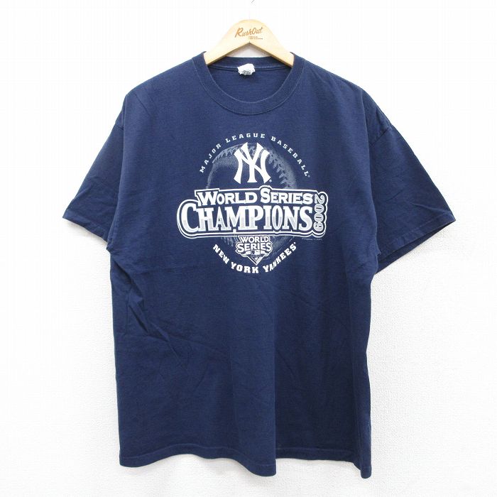 XL★古着 半袖 ビンテージ Tシャツ メンズ 00年代 00s MLB ニューヨークヤンキース コットン クルーネック 紺 ネイビー メジャーリーグ ベースボール 野球 25aug21 中古