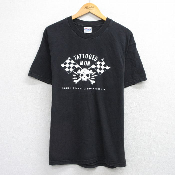 【50%OFF】L★古着 ヘインズ Hanes 半袖 ビンテージ Tシャツ メンズ 00年代 00s スカル 旗 コットン クルーネック 黒 ブラック 25aug21 中古