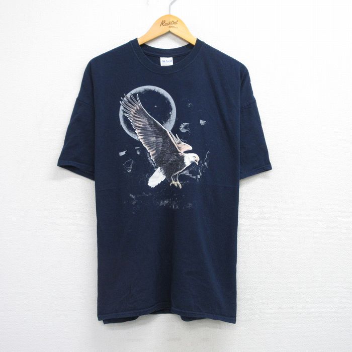 【20%OFF】XL★古着 半袖 ビンテージ Tシャツ メンズ 00年代 00s 鳥 月 大きいサイズ コットン クルーネック 紺 ネイビー 25aug21 中古