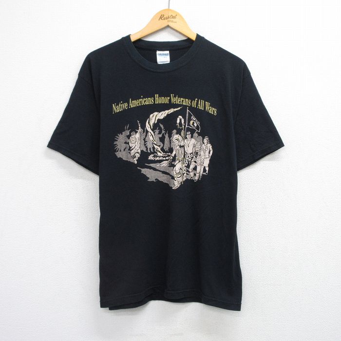 L★古着 半袖 ビンテージ Tシャツ メンズ 00年代 00s 民族 Honor Veterans クルーネック 黒 ブラック 25aug21 中古