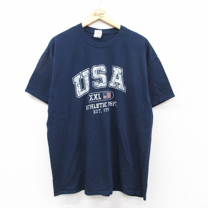 XL★古着 半袖 ビンテージ Tシャツ メンズ 00年代 00s USAロゴ コットン クルーネック 紺 ネイビー 25aug21 中古