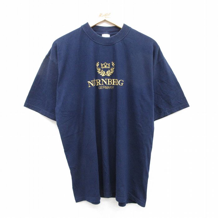 XL★古着 半袖 ビンテージ Tシャツ メンズ 00年代 00s NURNBERG 刺繍 コットン クルーネック 紺 ネイビー 25aug21 中古