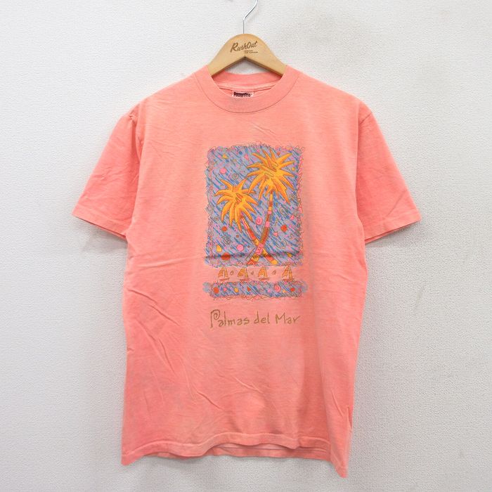 M★古着 オニータ ONEITA 半袖 ビンテージ Tシャツ メンズ 90年代 90s ヤシの木 コットン クルーネック オレンジ系 25aug21 中古