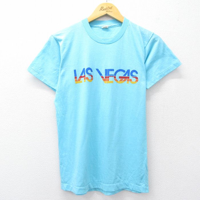 S★古着 スクリーンスターズ 半袖 ビンテージ Tシャツ メンズ 80年代 80s ラスベガス クルーネック USA製 水色 25aug21 中古