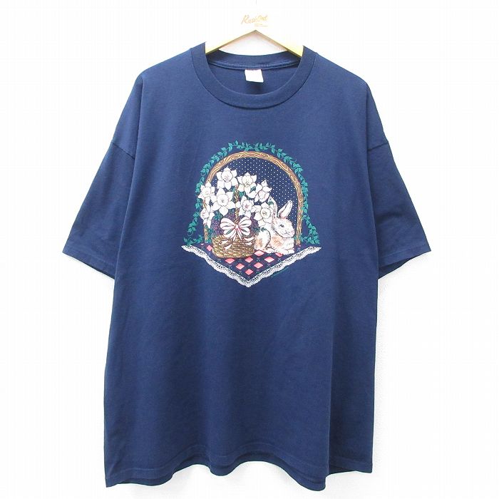 【50%OFF】XL★古着 ジャージーズ 半袖 ビンテージ Tシャツ メンズ 90年代 90s ウサギ 花 大きいサイズ クルーネック USA製 紺 ネイビー 【spe】 25aug21 中古