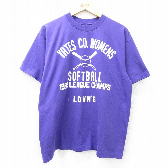 XL★古着 ヘインズ Hanes 半袖 ビンテージ Tシャツ メンズ 90年代 90s ソフトボール クルーネック USA製 紫 パープル 25aug21 中古