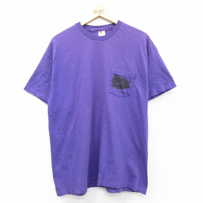 XL★古着 ヘインズ Hanes 半袖 ビンテージ Tシャツ メンズ 90年代 90s Crayons 胸ポケット付き コットン クルーネック 紫 パープル 25aug21 中古