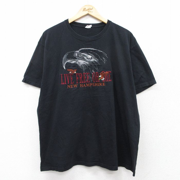 XL★古着 半袖 ビンテージ Tシャツ メンズ 00年代 00s 鳥 LIVE FREE 刺繍 コットン クルーネック 黒 ブラック 25aug21 中古